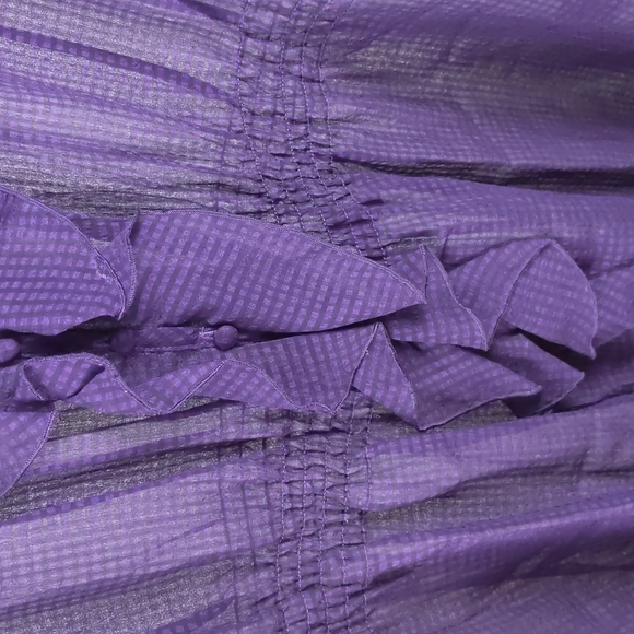 Basque Blouse Size 14 Purple Sheer Ruffle Short Sleeve Button-up Check Elastic - Picture 6 of 13